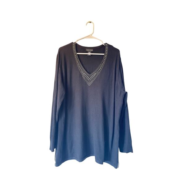 Adrienne Vittadini Black Studded V-Neck Sweater Plus Size 2X Long Sleeve Knit - Picture 1 of 7
